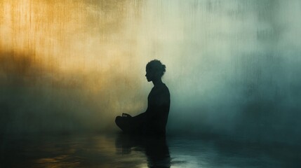 Obraz premium A calm meditative figure sits in silhouette against a misty, glowing background of soft green and orange hues, creating a tranquil atmosphere. The blend of light and shadow suggests serenity and
