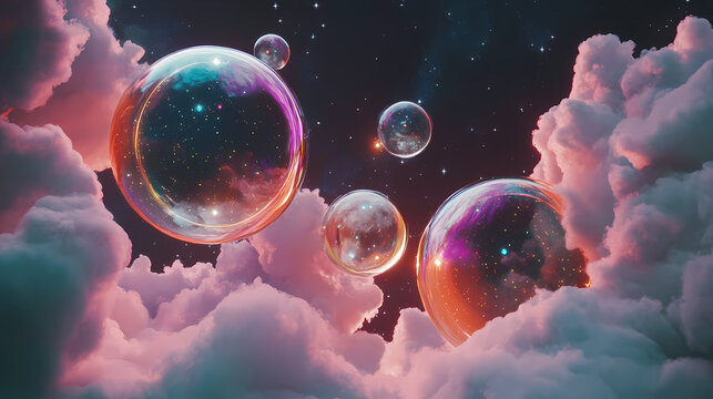 Colorful cosmic spheres floating in a nebula with stars and gas clouds, capturing the beauty of outer space and the mysteries of the universe. Ether. Illustration