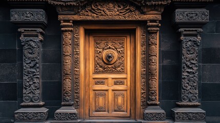 Fototapeta premium Intricately Carved Wooden Doorway with Decorative Stone Columns