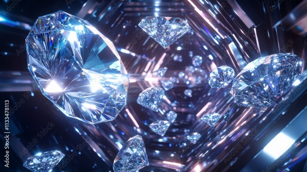 Poster glimmering gemstones float in a shimmering atmosphere filled with light reflections. the setting is 