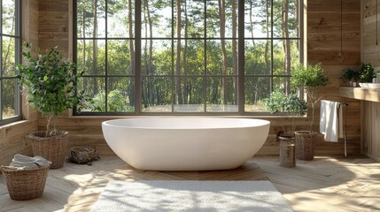 Fototapeta premium A large white bathtub sits in a bathroom with a view of trees