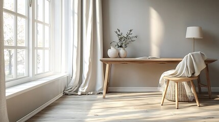 Fototapeta premium Scandinavianinspired study table with a light wooden finish and minimalistic dcor The workspace includes a small potted plant a clean white desk lamp and a simple chair for a fresh calming environment