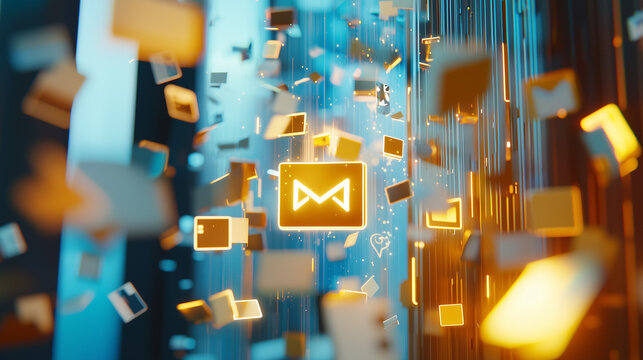 Abstract 3D rendering featuring Mailchimps iconic monkey logo amidst floating, glowing email icons. Represents digital marketing, email campaigns, and brand messaging.
