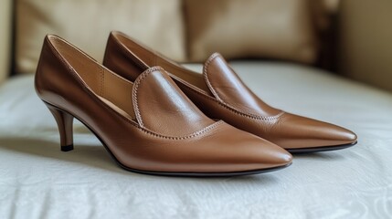 Fototapeta premium Pair of elegant light brown leather pointed-toe pumps with a low stiletto heel.