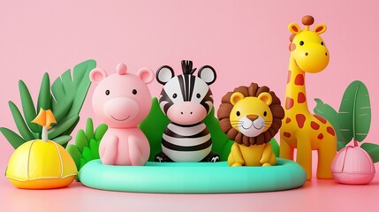 Obraz premium Cute 3D cartoon animals pig, zebra, lion, giraffe on inflatable pool float.