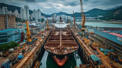 Obraz premium Ship Repair Yard with Large Vessel and City Landscape in Background