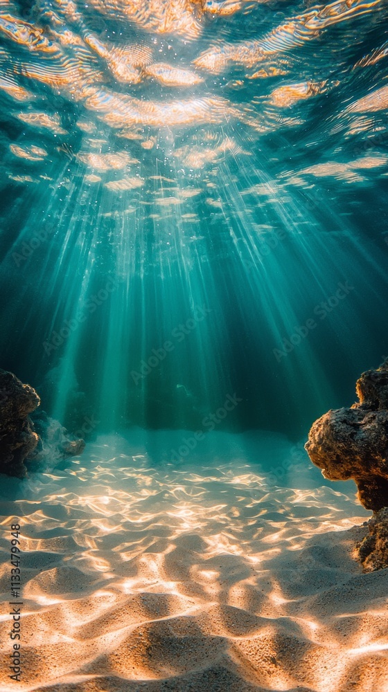 Aufkleber Sunlight filters through clear waters, creating mesmerizing ripples on the sandy bottom. This tranquil underwater world captures the essence of peaceful marine beauty