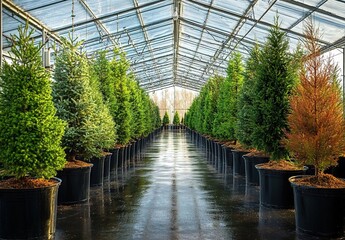 A wide shot of many large potted trees in black pots lined up along the interior wall of an expansive greenhouse.