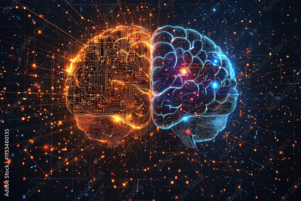 Poster digital and artificial intelligence brains with neural networks