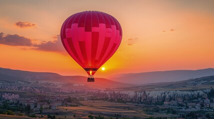 Obraz premium Hot air balloon soaring over scenic landscape at sunrise.