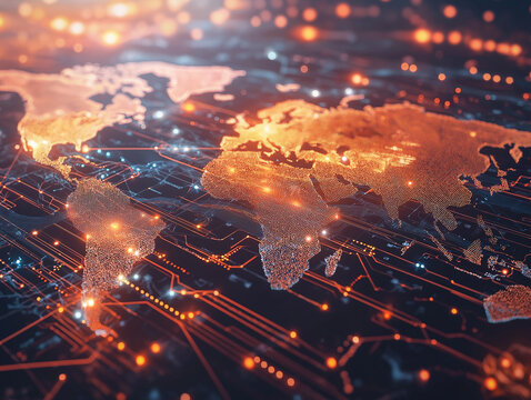 Digitale Weltkarte mit Lichtnetzen und globaler Vernetzung

