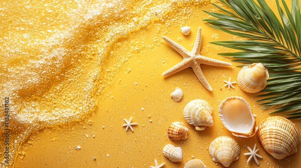 Poster a collection of beautiful seashells and a starfish rests on a sandy beach adorned with a vibrant yel