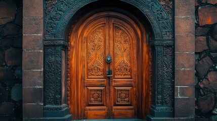 Obraz premium Intricately Carved Wooden Door with Textured Stone Wall Surrounding