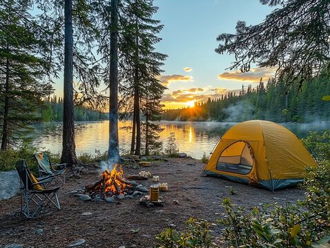 Scenic riverside campsite surrounded by tall trees with a family fishing roasting marshmallows and enjoying the sunset over the water