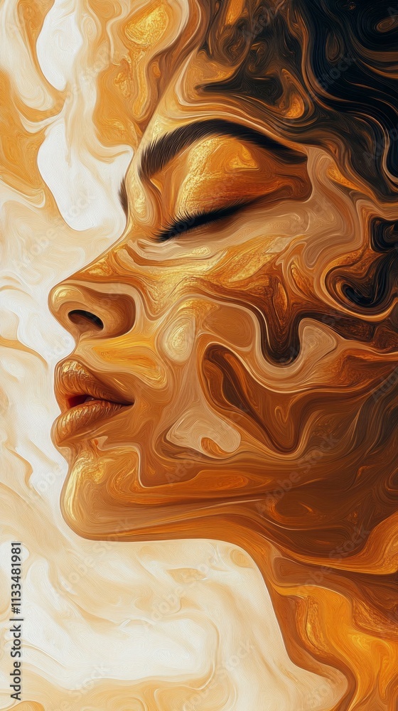 Poster This artwork showcases a woman's profile, blending abstract forms with rich brown tones. Her serene expression invites viewers into a tranquil, imaginative world where color, Mocha Mousse