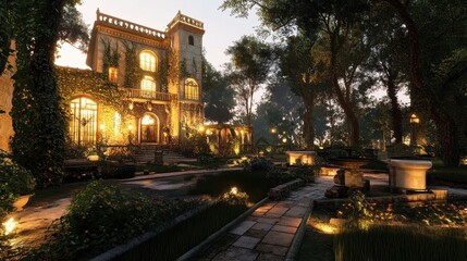 Fototapeta premium Enchanting Sunset Garden with Ornate Mansion Surrounded by Nature
