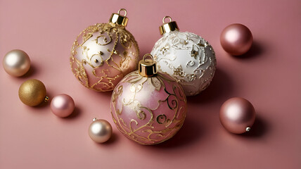 Sparkling New Year's ornaments rest on a beautifully decorated surface, radiating festive elegance and holiday cheer.