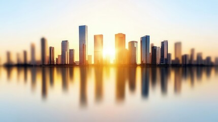 Obraz premium City skyline at sunset reflected in calm water.