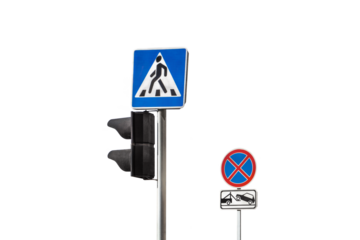 Isolated on white transparent background side traffic light regulating pedestrian move, road sign of pedestrian crossing on a pole. Stop sign prohibited with sign of evacuation of cars to impound lot