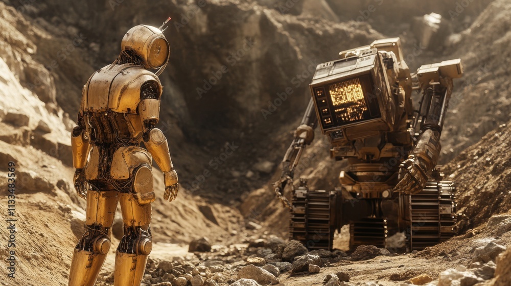 Poster two robots investigate a gemstone-rich mining site, surrounded by rocky terrain. the scene is bathed