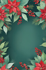 Obraz premium Elegant Watercolor Poinsettias with Pine Sprigs in Festive Red and Green Against Teal Background