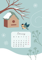 Calendar of january 2025 with hand drawn illistration inspired by nature and winter season. Week start from Monday. Poster with feeder and flying bird