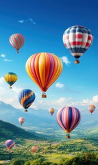 Naklejka premium Colorful hot air balloons soaring over lush valleys under a bright blue sky with soft clouds in the background