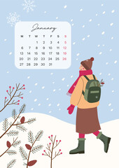 Calendar of january 2025 with hand drawn illistration inspired by nature and winter season. Week start from Monday. Poster with young woman walking on a snowy day