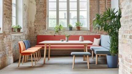 Fototapeta premium Modern Dining Area with Natural Light and Comfortable Seating
