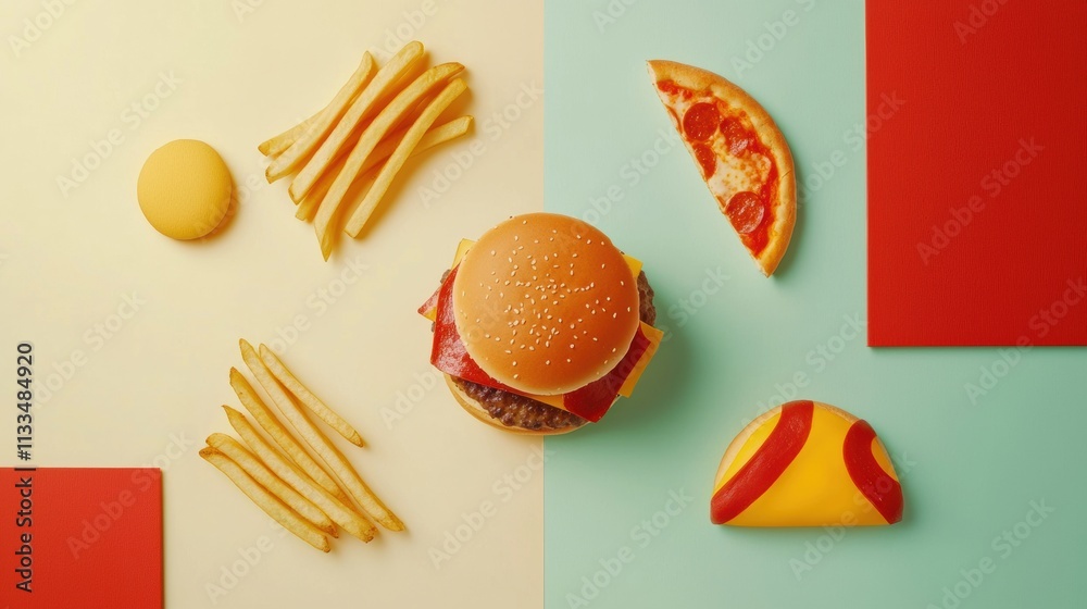 Poster abstract shapes of burgers, pizza slices, and fries create a playful composition on vibrant colored 