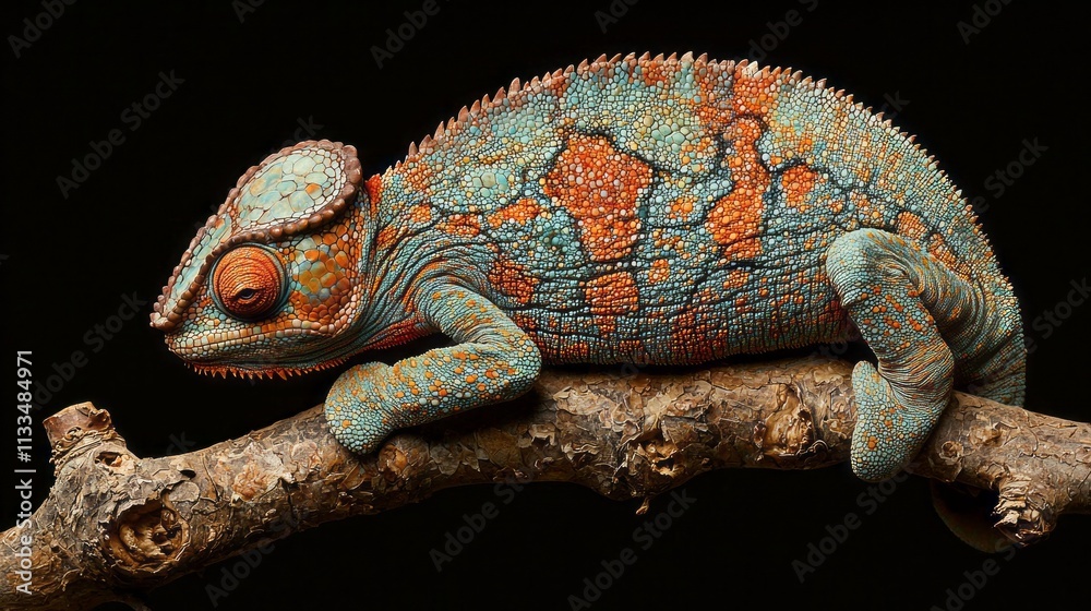 Aufkleber Brightly colored chameleon rests on a sturdy branch, showcasing a stunning array of hues under soft natural light. Its textured skin captivates with intricate patterns and designs