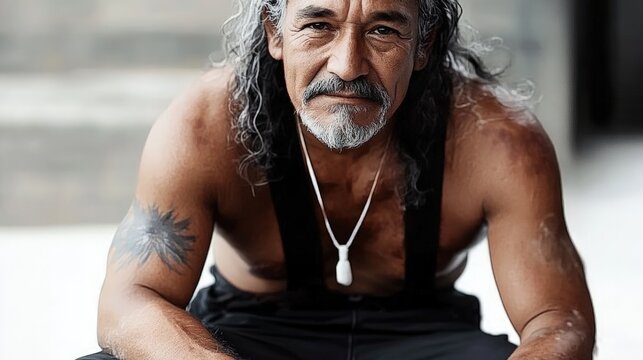 Close-up portrait of a mature man with long gray hair, a goatee, and a tattoo, looking directly at the camera.