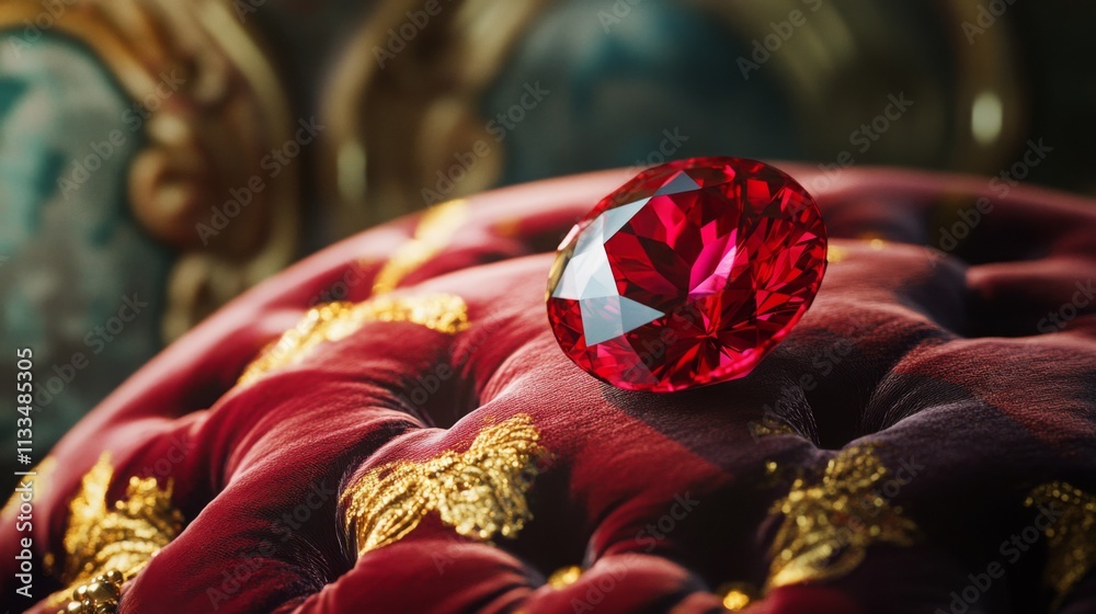 Aufkleber a striking red gemstone is elegantly positioned on a plush velvet cushion adorned with golden embell