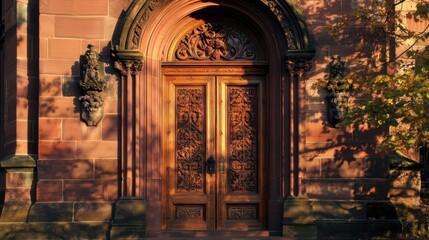 Fototapeta premium Intricate Wooden Door with Carvings and Decorative Architecture