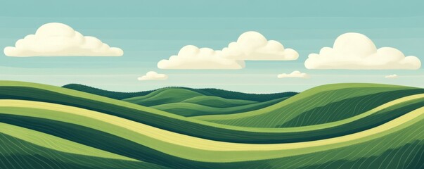 Obraz premium Fabulous minimalist landscape with wavy green fields against white clouds and blue sky