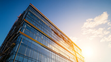 construction site for a large building with a clear blue sky background