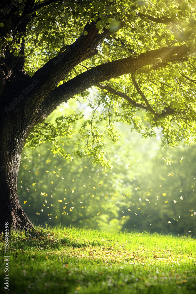 Poster sunlight filters through the leaves of a majestic tree in a vibrant green meadow during a serene spr