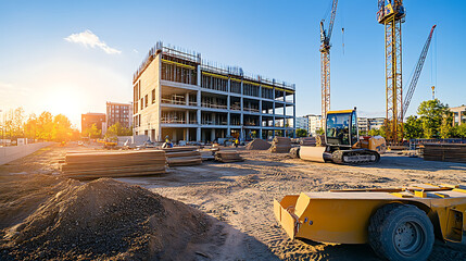 construction site for a large building with a clear blue sky background
