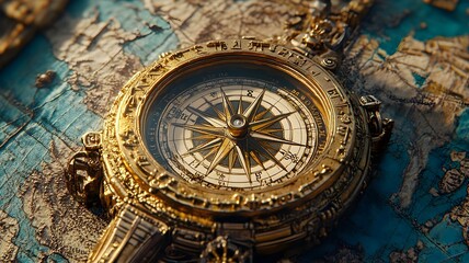 Obraz premium The magic compass of gold is located on the map.