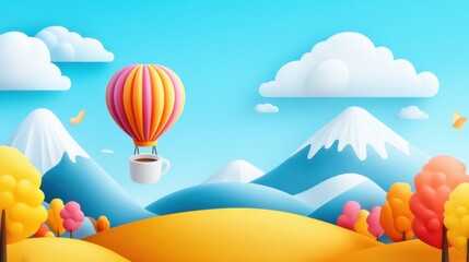 Colorful Hot Air Balloon Over Scenic Landscape with Mountains, Clouds, and Autumn Trees in Bright Colors