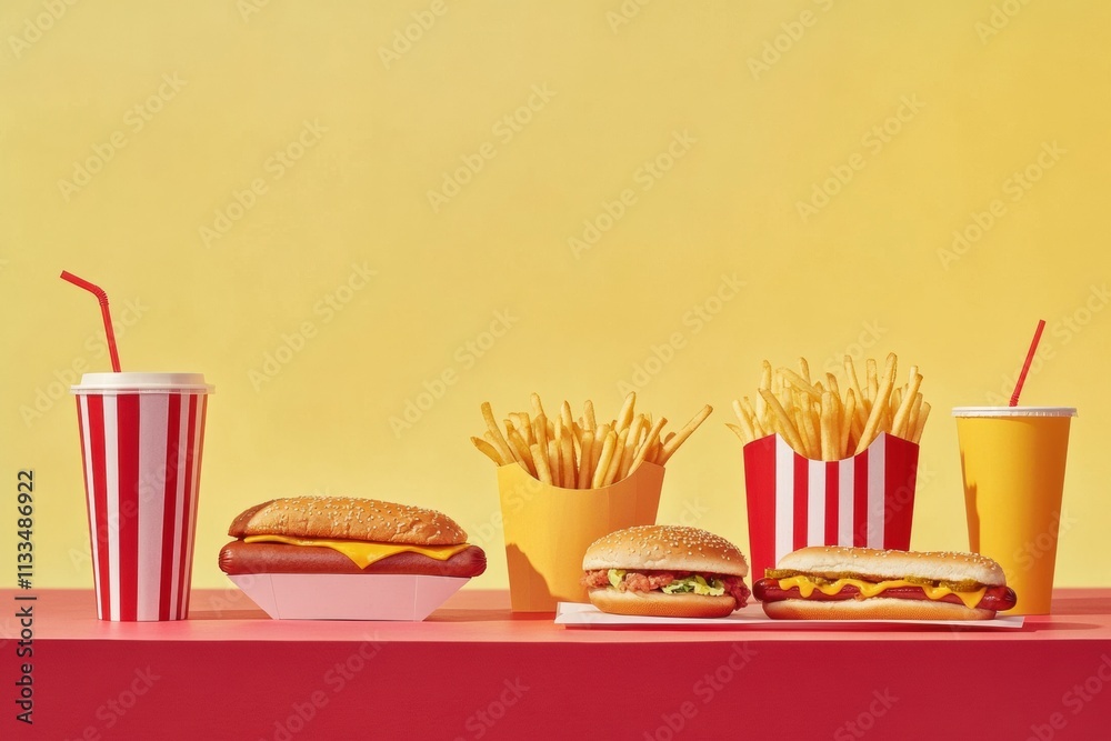 Poster a colorful table displays an assortment of fast food favorites including fries, hot dogs, and refres