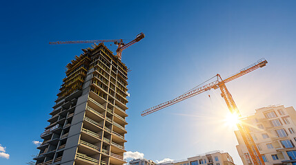 construction site for a large building with a clear blue sky background