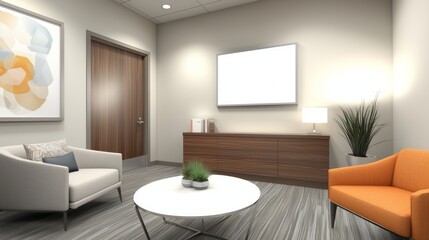 Cozy Collaboration Area: A smaller meeting area with warm tones, soft lighting, and a white blank frame above a credenza.