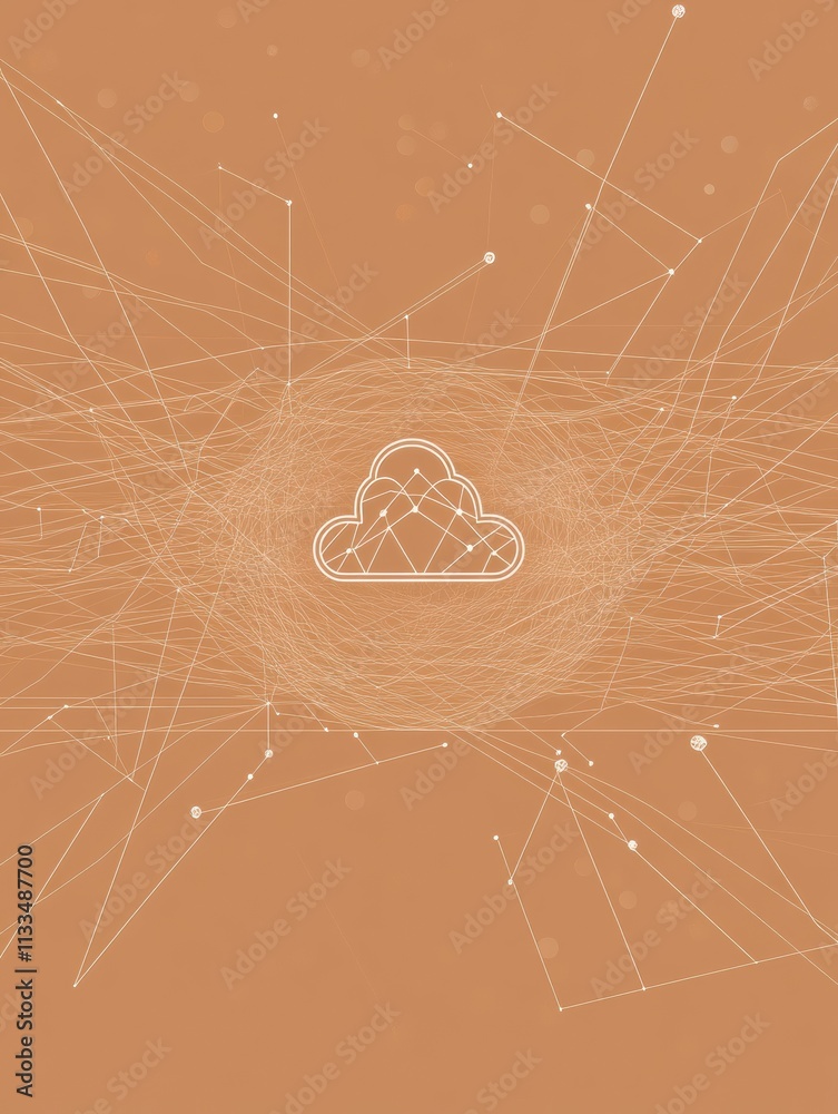 Leinwandbilder Central cloud icon symbolizes digital storage and connectivity, surrounded by abstract lines and shapes, offering space for customized text. Generative AI