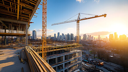 construction site for a large building with a clear blue sky background