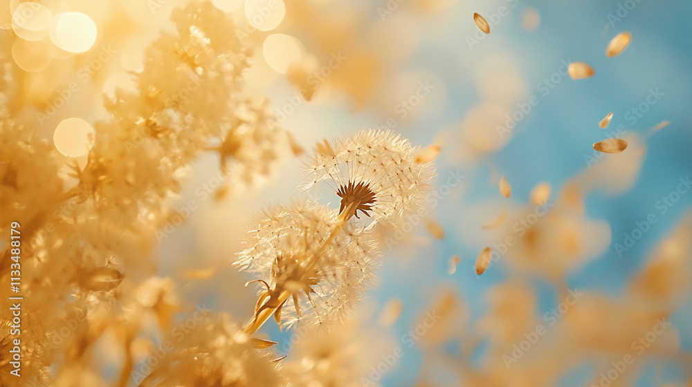 Poster bright dandelion seeds gently floating in the air under a clear blue sky during a sunny day in sprin