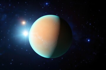 Obraz premium A captivating image of a planet set against a starlit backdrop, illuminated by a dual starburst effect, highlighting its atmospheric beauty and celestial presence in the universe.