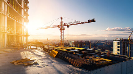 construction site for a large building with a clear blue sky background
