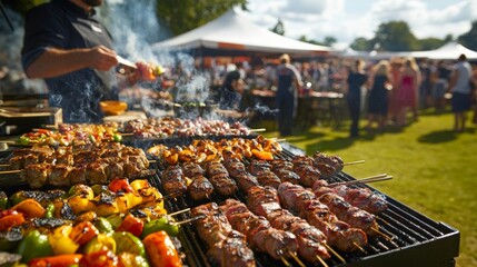 Delicious BBQ Feast at Outdoor Gathering with Grilled Meat and Veggies