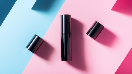 Obraz premium Minimalist black cosmetics bottle on pastel geometric background